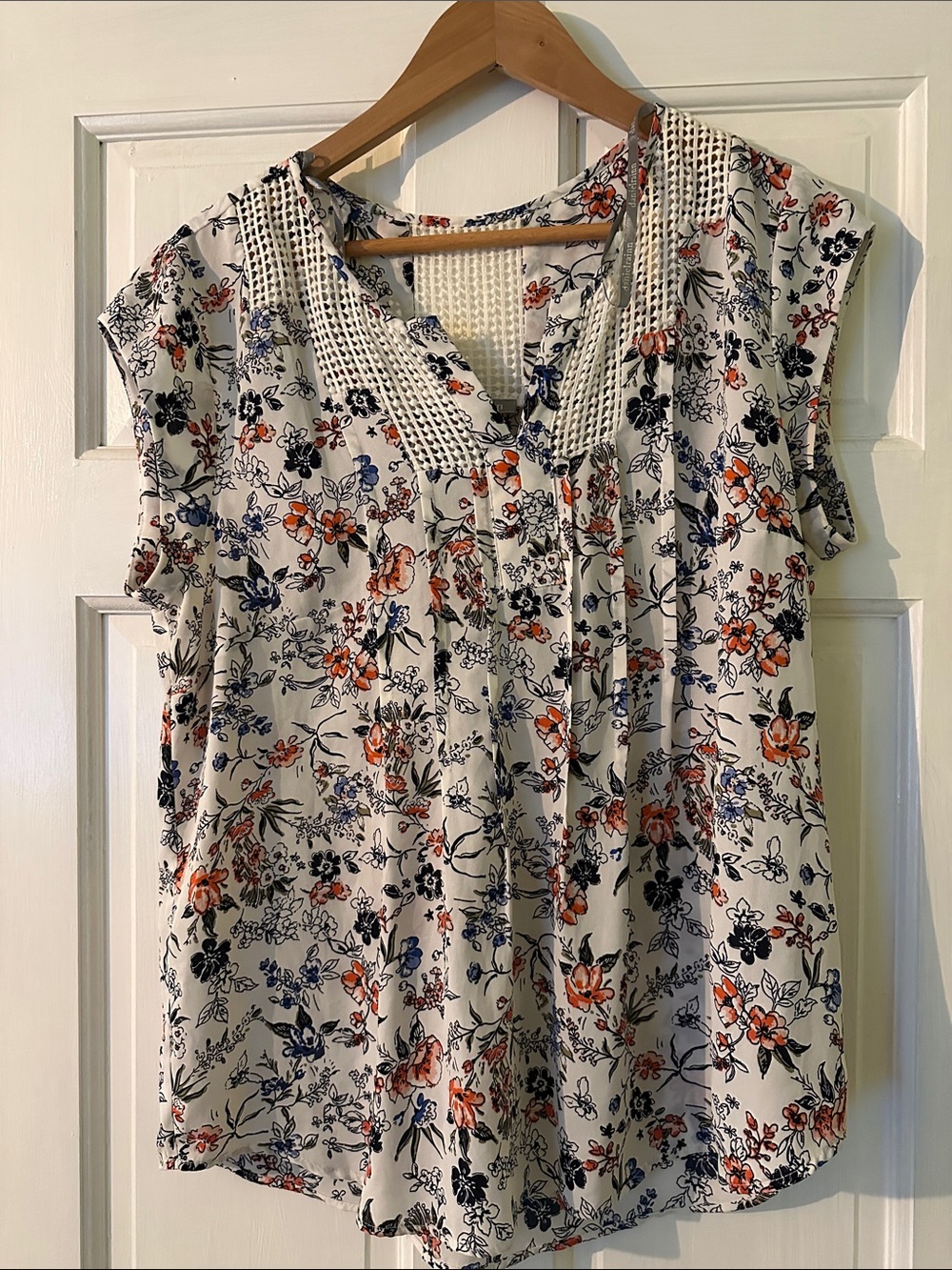 Daniel Rainn Cream Floral Blouse with Navy & Orange Accents